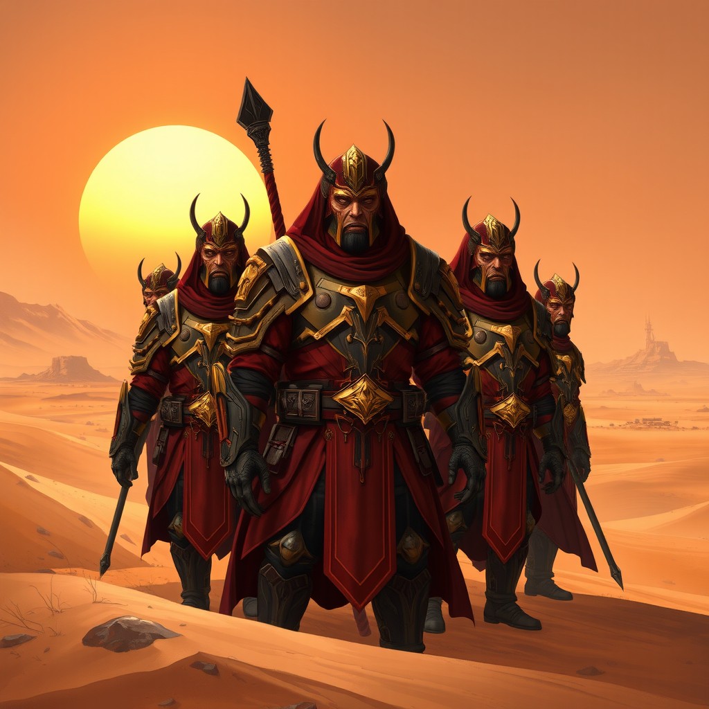 A detailed illustration of the CRN clan from the game Dune Awakening, designed with the iconic Harkonnen color scheme of deep reds, blacks, and metallic golds