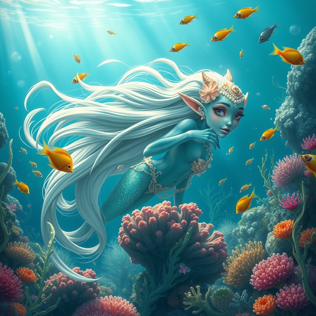 A majestic sea elf with long flowing hair, adorned with seashells and pearls, swimming gracefully in a vibrant coral reef