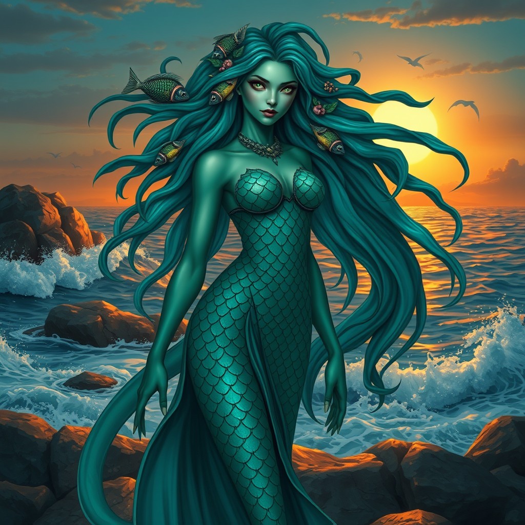 A stunning female Maormer, characterized by her sleek, scaled skin in shades of deep green and turquoise, capturing the essence of the sea
