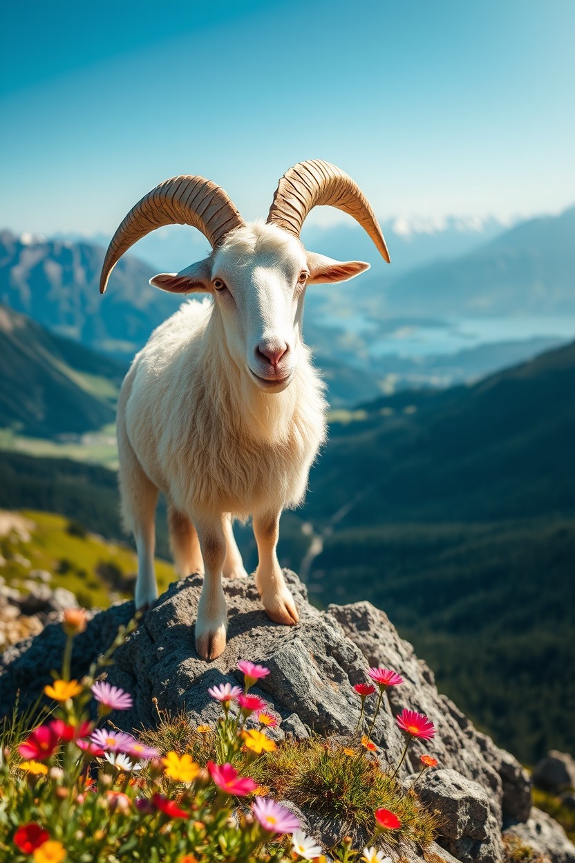 A majestic goat standing on a rocky mountain peak, surrounded by a breathtaking landscape of lush green valleys and distant snow-capped mountains