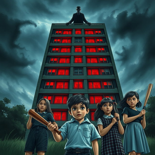 Six schoolchildren of diverse backgrounds, one boy and one girl in the foreground holding baseball bats and golf clubs, confidently facing a towering 7-story building