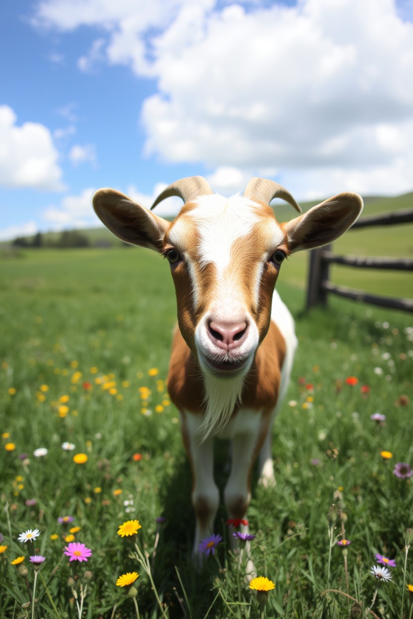 A charming goat grazing peacefully in a verdant countryside field, surrounded by colorful wildflowers and gentle rolling hills