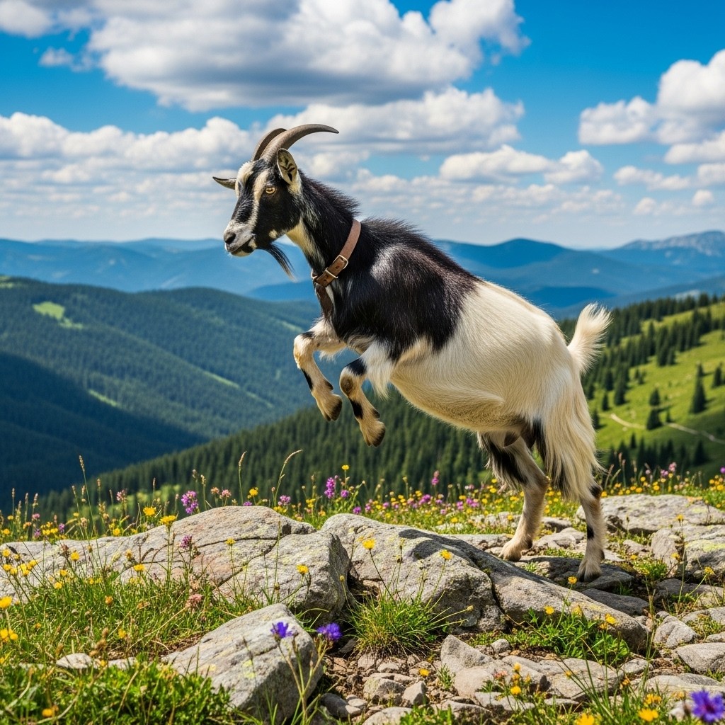 A lively goat jumping playfully across a rocky terrain, with its hooves lifted high in the air