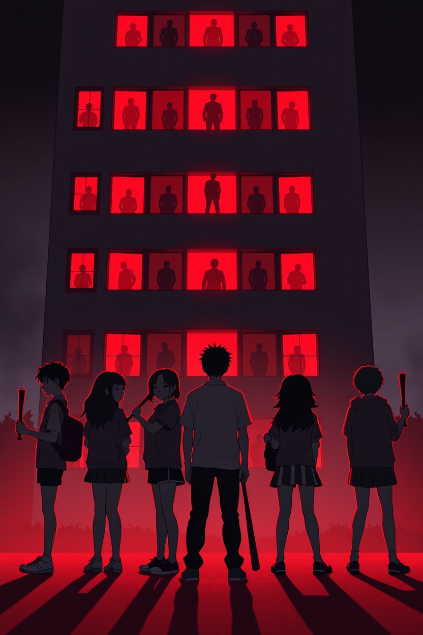 Six silhouettes of high school students with varied hairstyles and outfits, each holding simple weapons like baseball bats and golf clubs, standing in a determined pose, facing a tall 7-story building