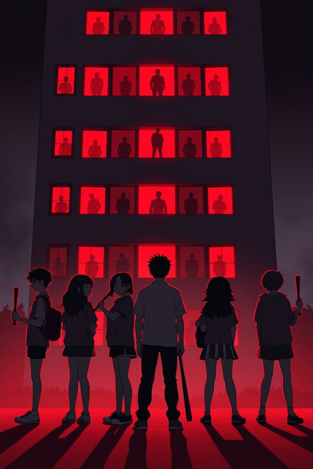 Six silhouettes of high school students with varied hairstyles and outfits, each holding simple weapons like baseball bats and golf clubs, standing in a determined pose, facing a tall 7-story building
