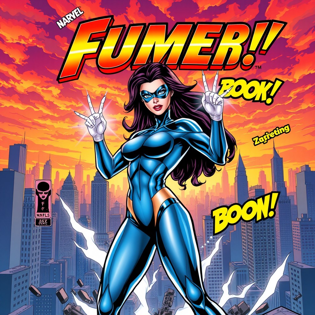A vibrant and dynamic superhero comic cover featuring a strong female superhero in a striking pose, wearing a sleek, form-fitting costume with a blue and silver color scheme, showcasing her powers with energy emanating from her hands