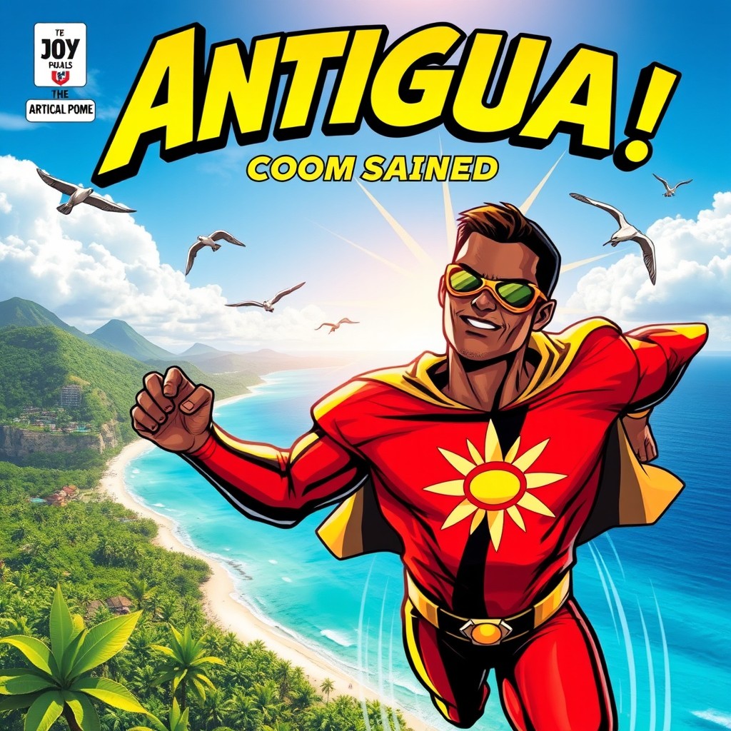 A vibrant superhero comic cover featuring an Antiguan superhero with a dazzling sun symbol prominently displayed on their chest