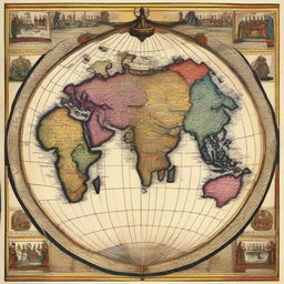 An illustrated globe depicting the world during the 15th century. Colorfully outlined continents with major kingdoms, trade routes, and exploration paths of the era are marked on it.