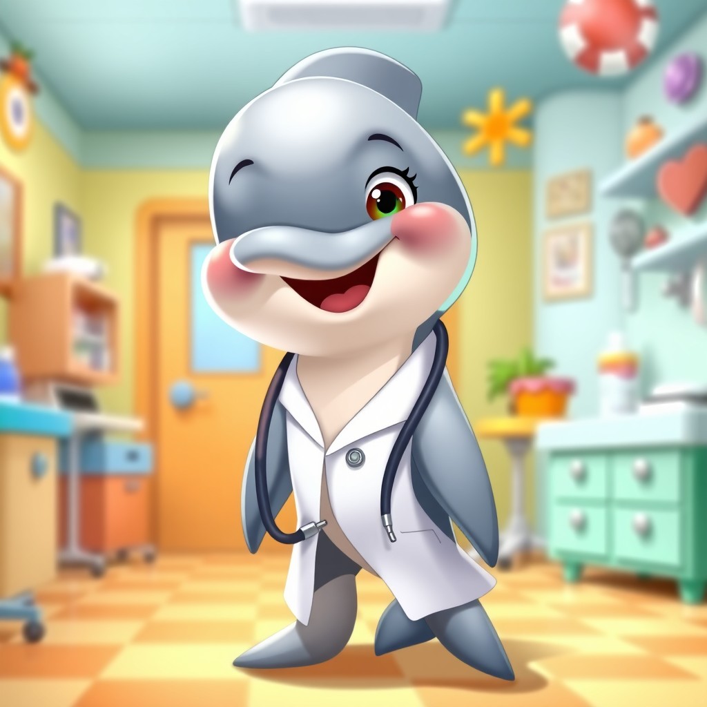 A cartoon dolphin dressed as a doctor, wearing a white lab coat and a stethoscope around its neck, smiling joyfully