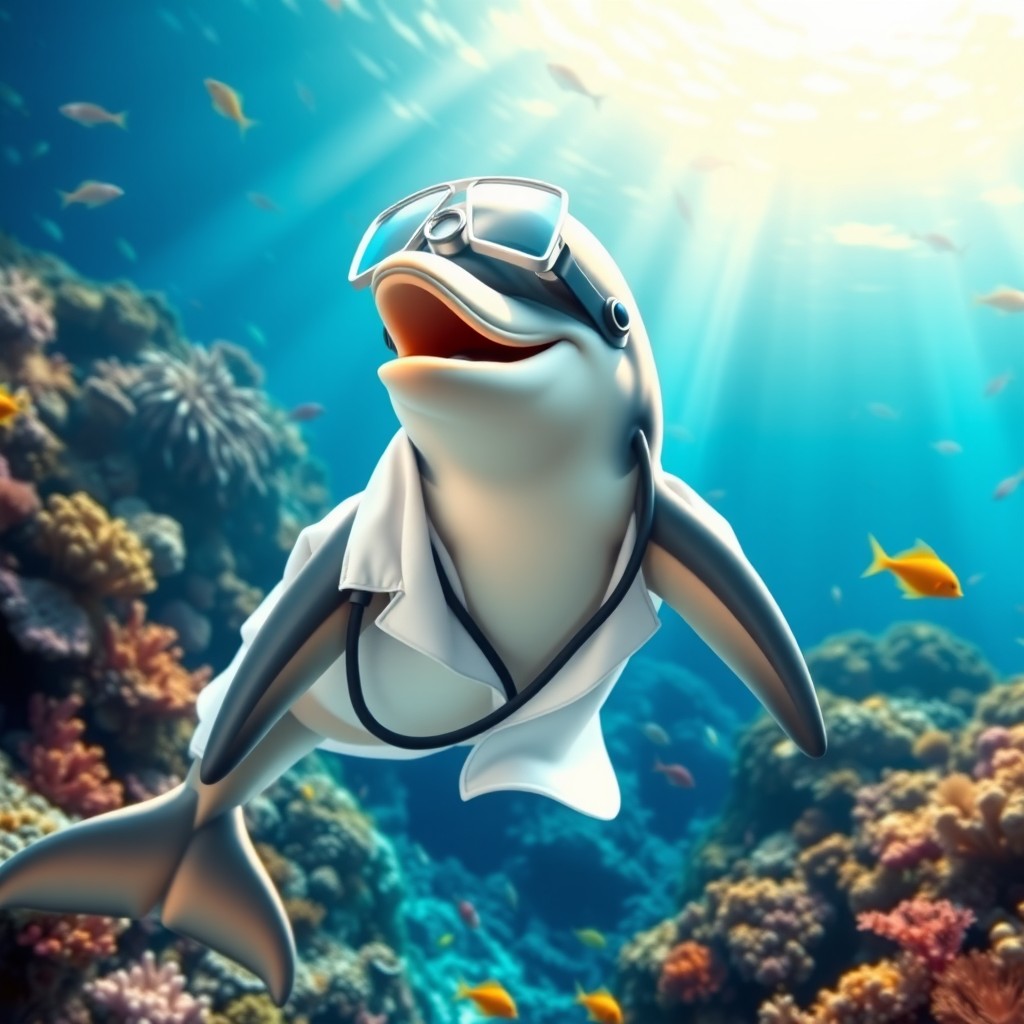 A cheerful dolphin dressed as a doctor, complete with a stethoscope and a white lab coat, smiling warmly