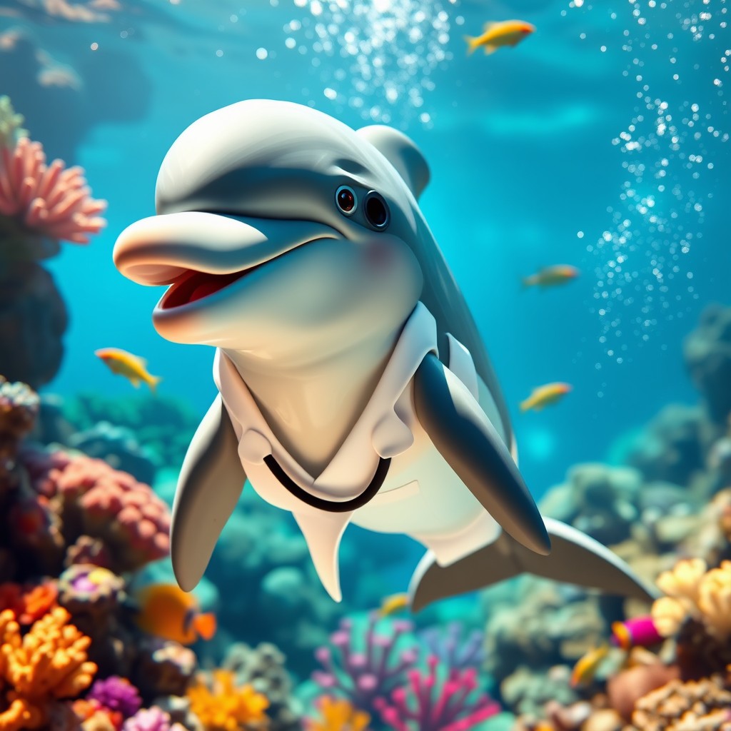 A smiling dolphin dressed as a doctor, complete with a white lab coat and a stethoscope, swimming joyfully in a vibrant ocean