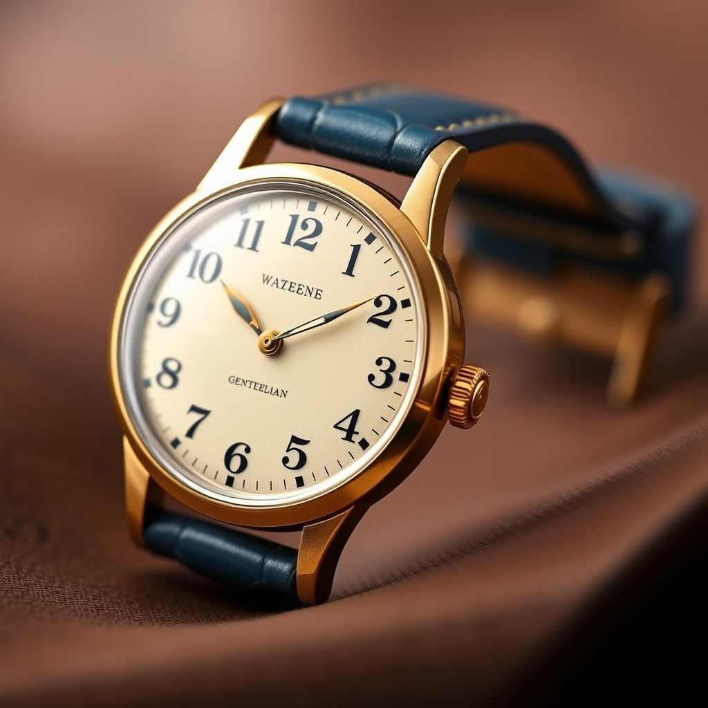 A vintage brass watch with a cream dial, featuring classic numerals and elegant hands