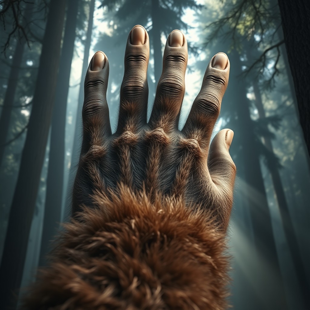 A highly detailed, close-up image of a Bigfoot hand, showcasing its massive size and unique features