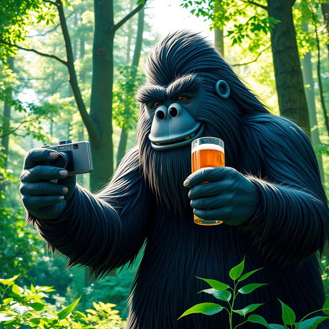 A whimsical depiction of Bigfoot taking a selfie, holding a camera with one hand and a beer in the other