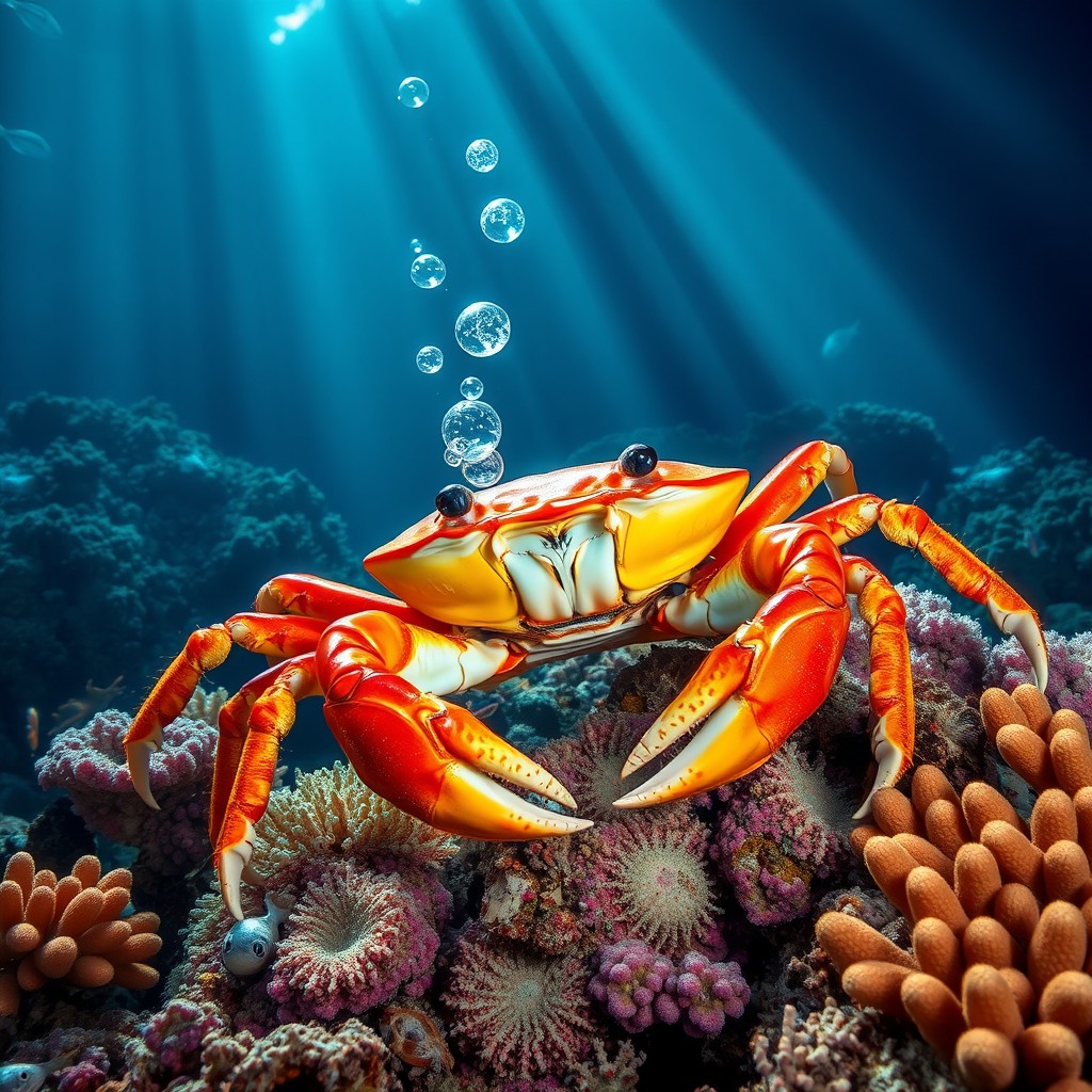 A realistic crab resting on a vibrant coral reef, showcasing its bright red-orange shell amidst colorful corals and marine life