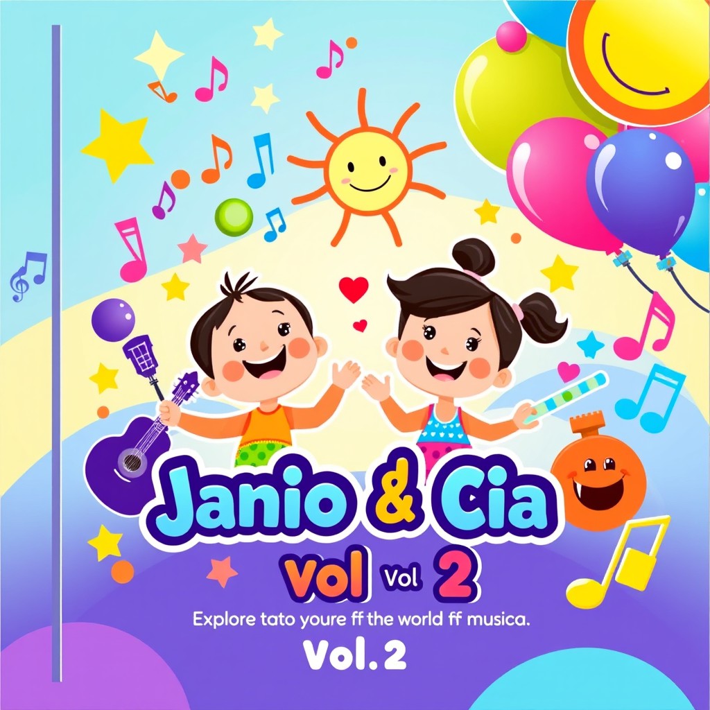 A colorful and playful CD cover design for 'Janio & Cia Vol 2', featuring cheerful cartoon characters who are enjoying music together, surrounded by vibrant musical notes and fun instruments like guitars, drums, and flutes
