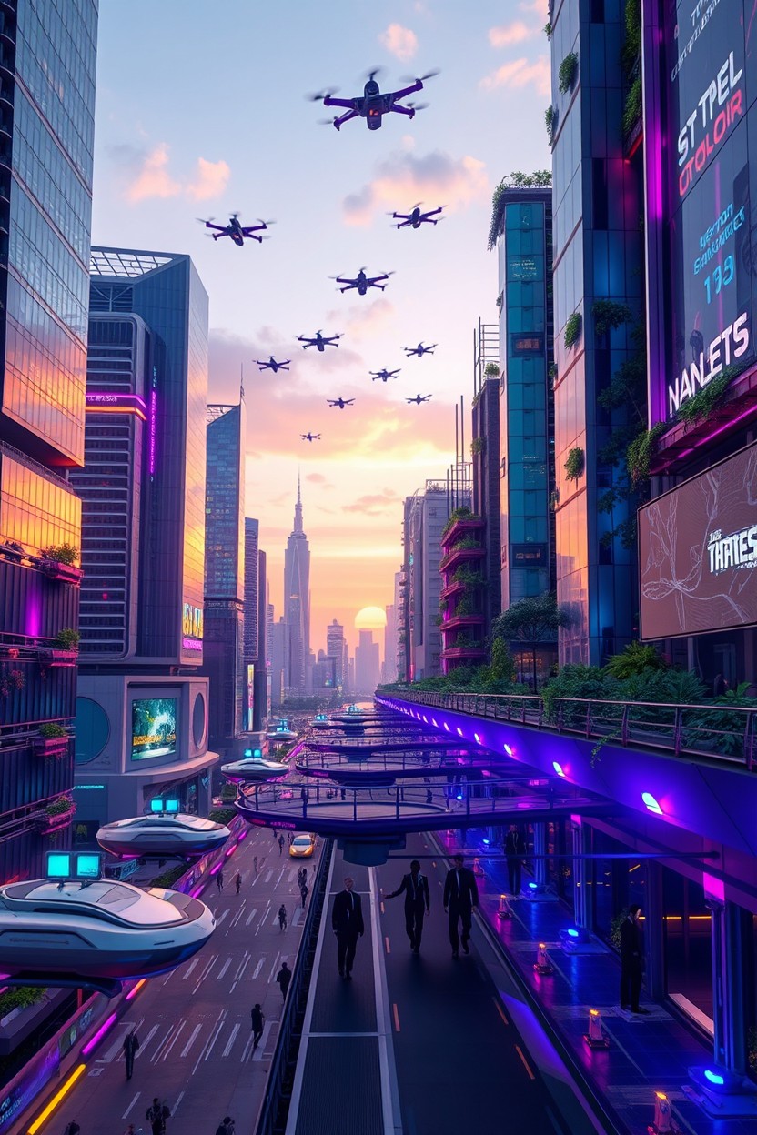 A stunning 3D design featuring a futuristic cityscape, showcasing sleek skyscrapers with reflective glass façades and intricate details