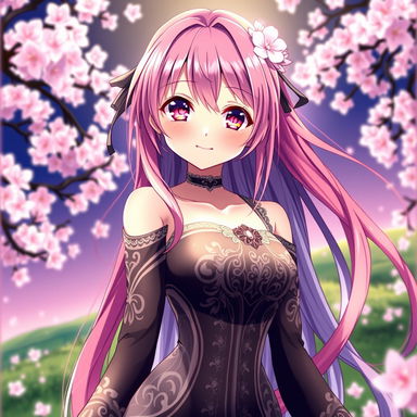 A stunning anime waifu character, featuring long flowing hair in vibrant colors, wearing a stylish and form-fitting outfit decorated with intricate patterns