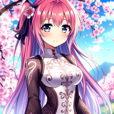A stunning anime waifu character, featuring long flowing hair in vibrant colors, wearing a stylish and form-fitting outfit decorated with intricate patterns