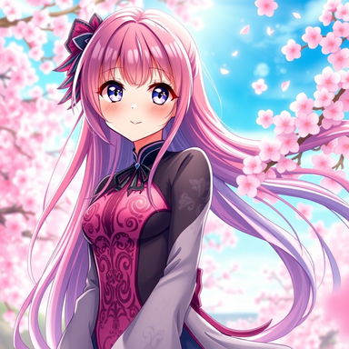 A stunning anime waifu character, featuring long flowing hair in vibrant colors, wearing a stylish and form-fitting outfit decorated with intricate patterns