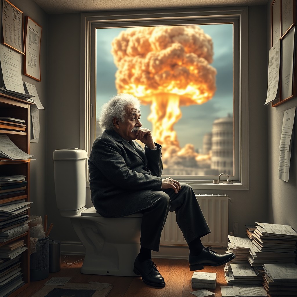 A surreal scene depicting Albert Einstein sitting on a toilet with a thoughtful expression