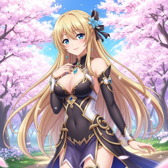 A stunning anime waifu character, featuring long flowing blonde hair that cascades elegantly down her back, wearing a stylish and form-fitting outfit decorated with intricate patterns