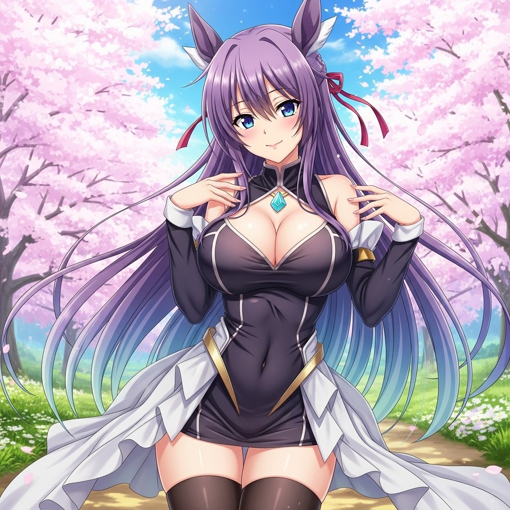 A stunning anime waifu character, featuring long flowing hair in vibrant colors and exaggerated features, wearing a stylish and form-fitting outfit that accentuates her curves