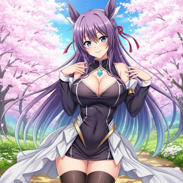 A stunning anime waifu character, featuring long flowing hair in vibrant colors and exaggerated features, wearing a stylish and form-fitting outfit that accentuates her curves
