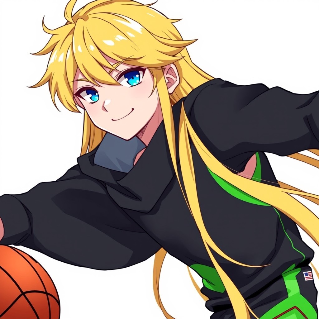 An anime style boy with long, flowing yellow hair and striking blue eyes