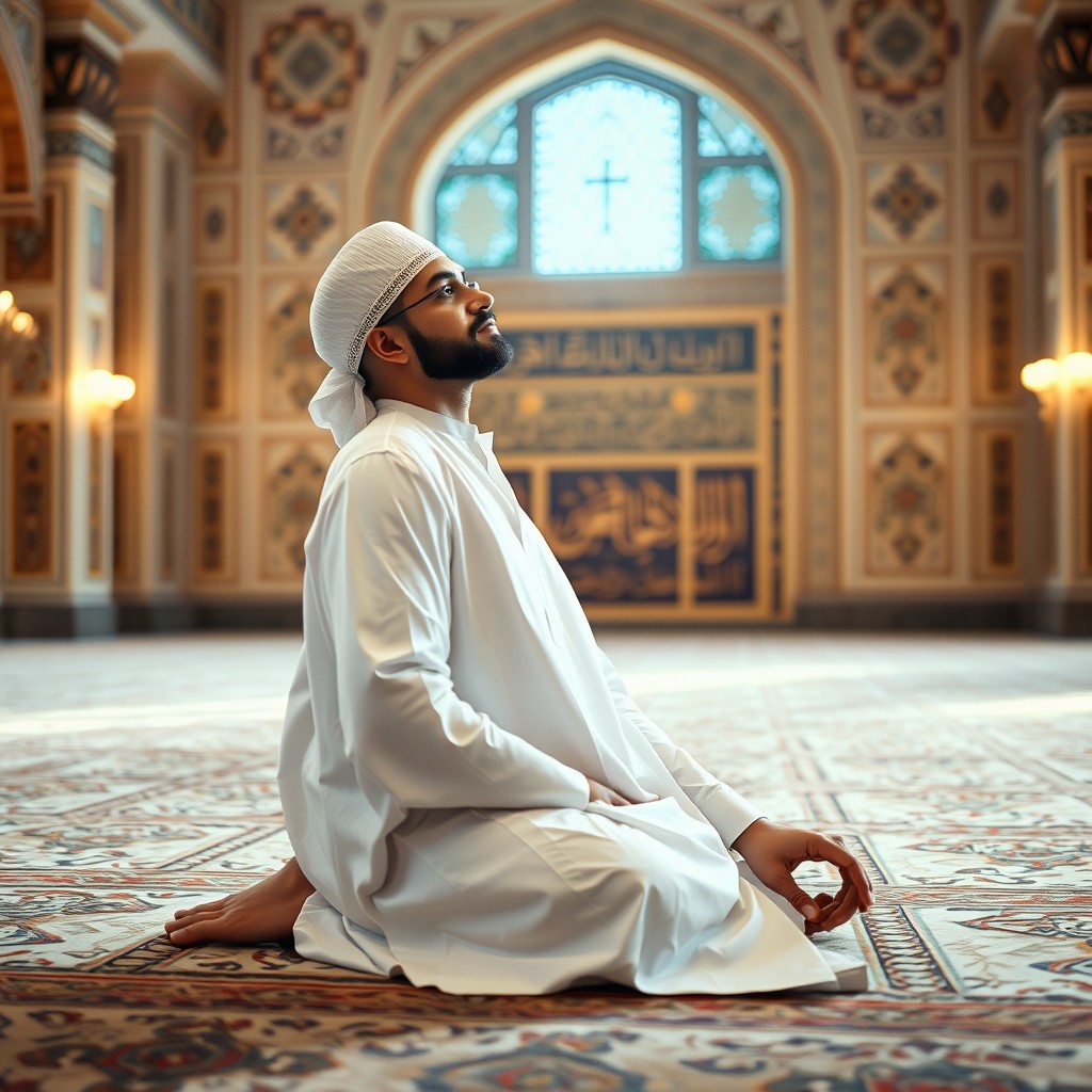 A Muslim man in a traditional white thobe and kufi, kneeling in prayer on a beautiful patterned prayer rug