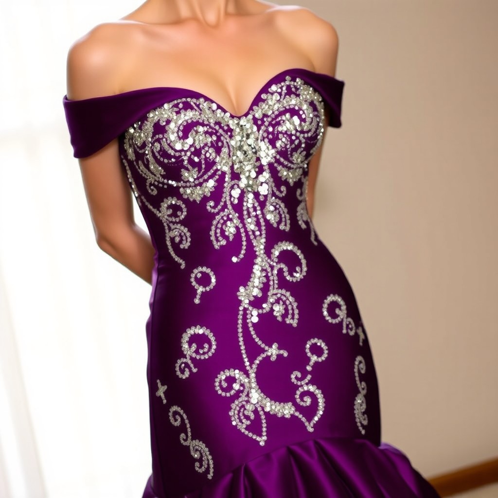 A stunning evening gown in a rich purple fabric, adorned with shimmering silver sequins that create an intricate wine pattern