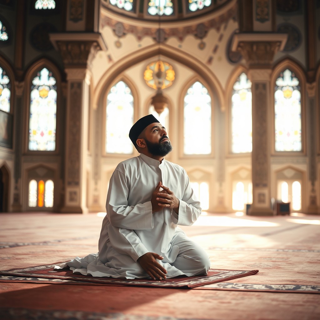 A serene and spiritual scene of a Muslim man engaging in prayer, kneeling on a prayer rug with deep devotion