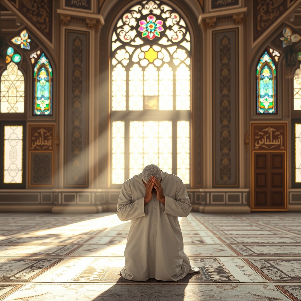 A serene and respectful depiction of a Muslim man praying in a beautiful mosque