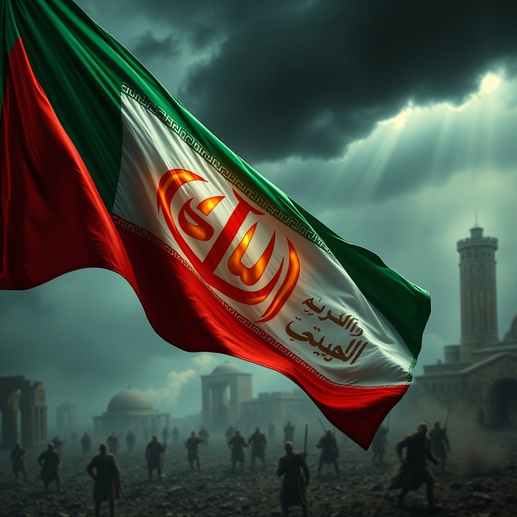 An epic cinematic scene featuring the flag of Iran, which has a vertical tricolor design: green on top, white in the middle with a prominent red 'Allah' symbol, and red on the bottom