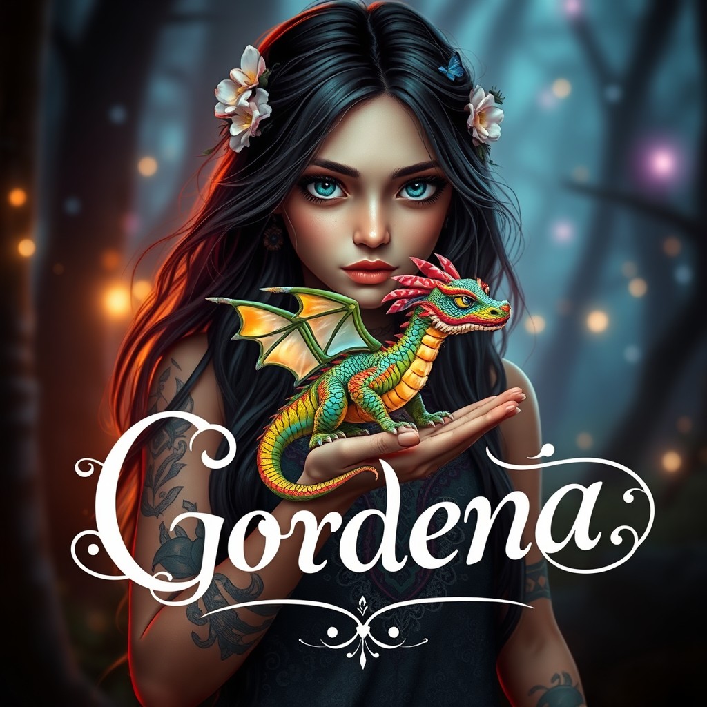 A girl with striking features, tattoos visible on her arms, gently holding a small, vibrant dragon on her hand