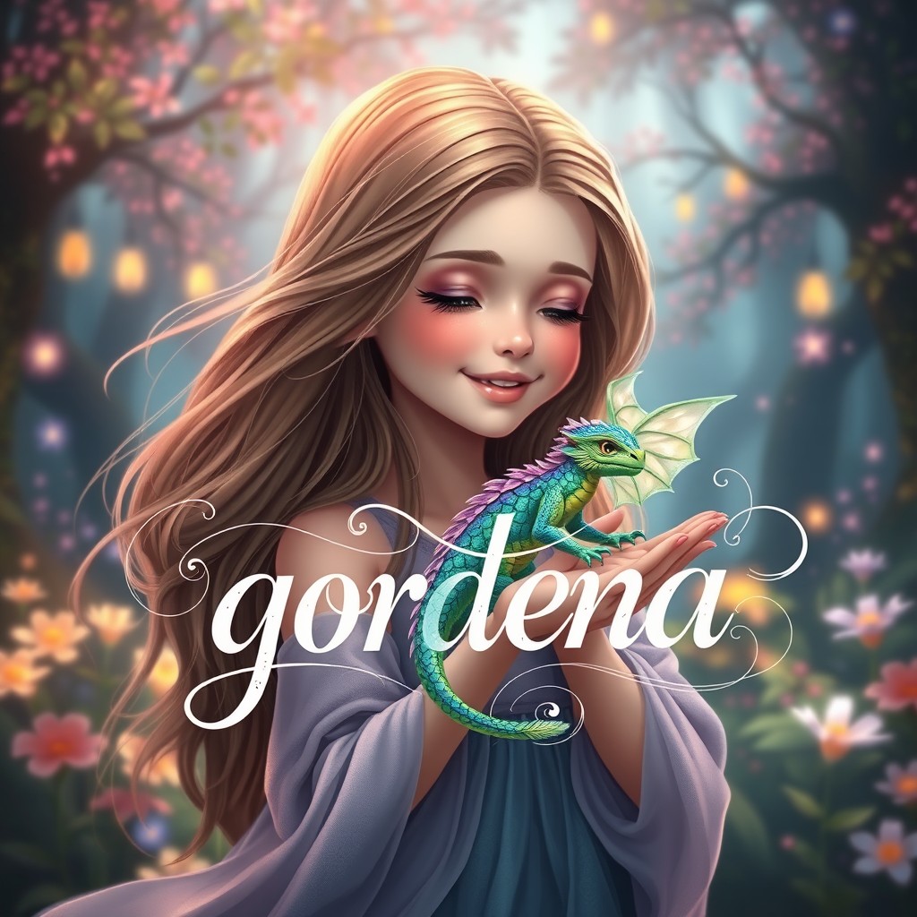 A girl with long flowing hair, smiling softly as she holds a small, vividly colored dragon perched on her hand