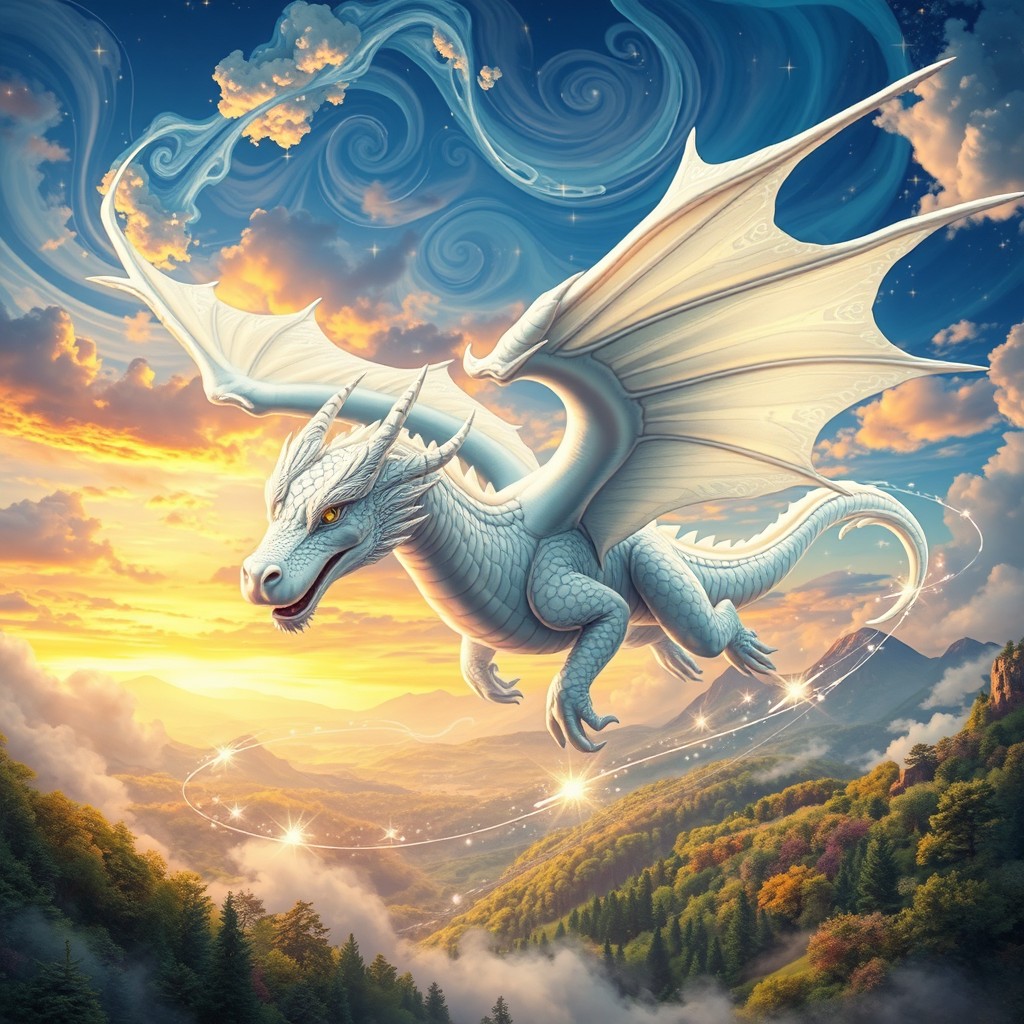 A magnificent white magical dragon soaring through a vibrant sky filled with swirling clouds and sparkling stars