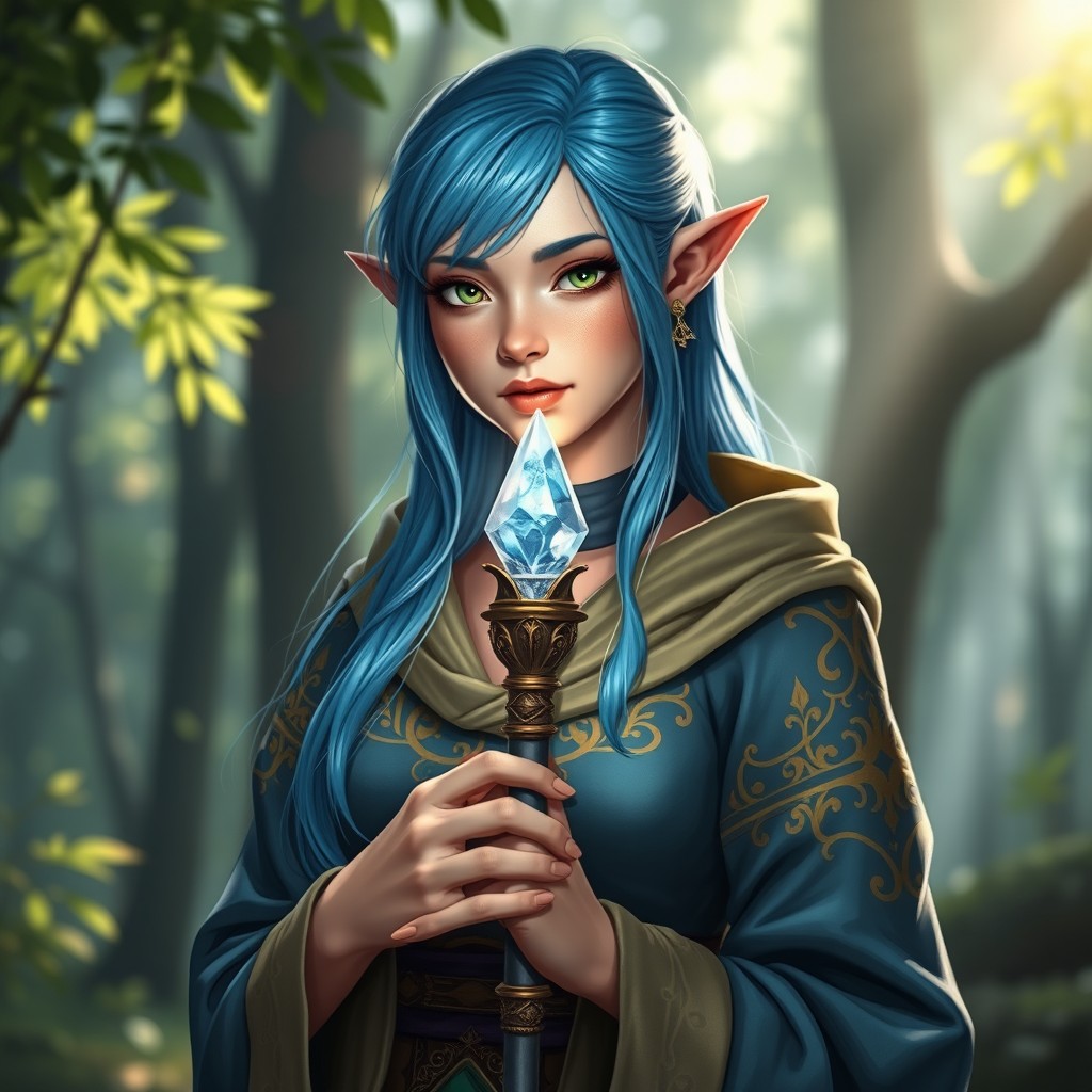 A stunning half-elf woman cleric with vibrant blue hair, adorned in elegant yet practical clerical robes featuring intricate golden patterns
