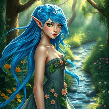 A stunning blue-haired elf woman standing in an enchanted forest, her ...