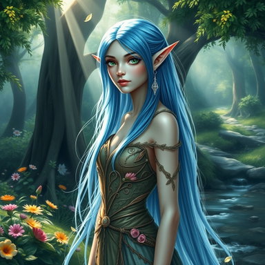 A stunning blue-haired elf woman standing in an enchanted forest, her ...