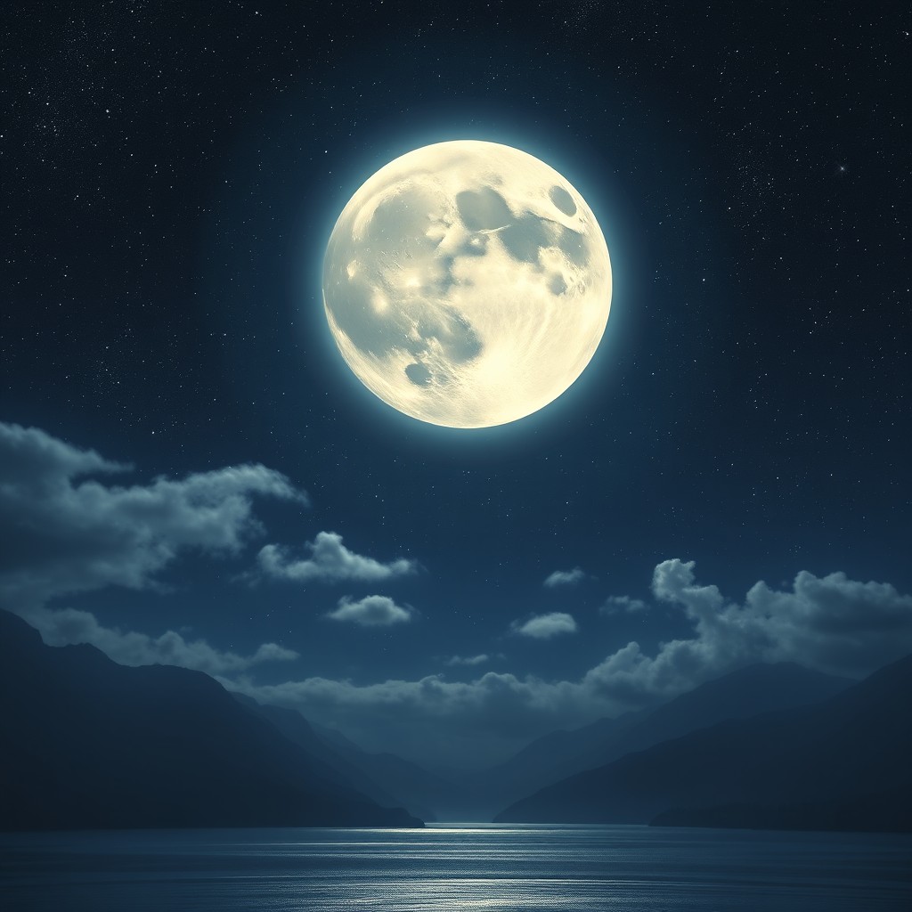 A majestic view of a celestial scene featuring a luminous moon surrounded by shimmering stars in a deep, starry sky