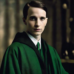 Tom Riddle, also known as the young Lord Voldemort from Harry Potter series, with piercing eyes and a sinister smirk, dressed in his Slytherin robes.