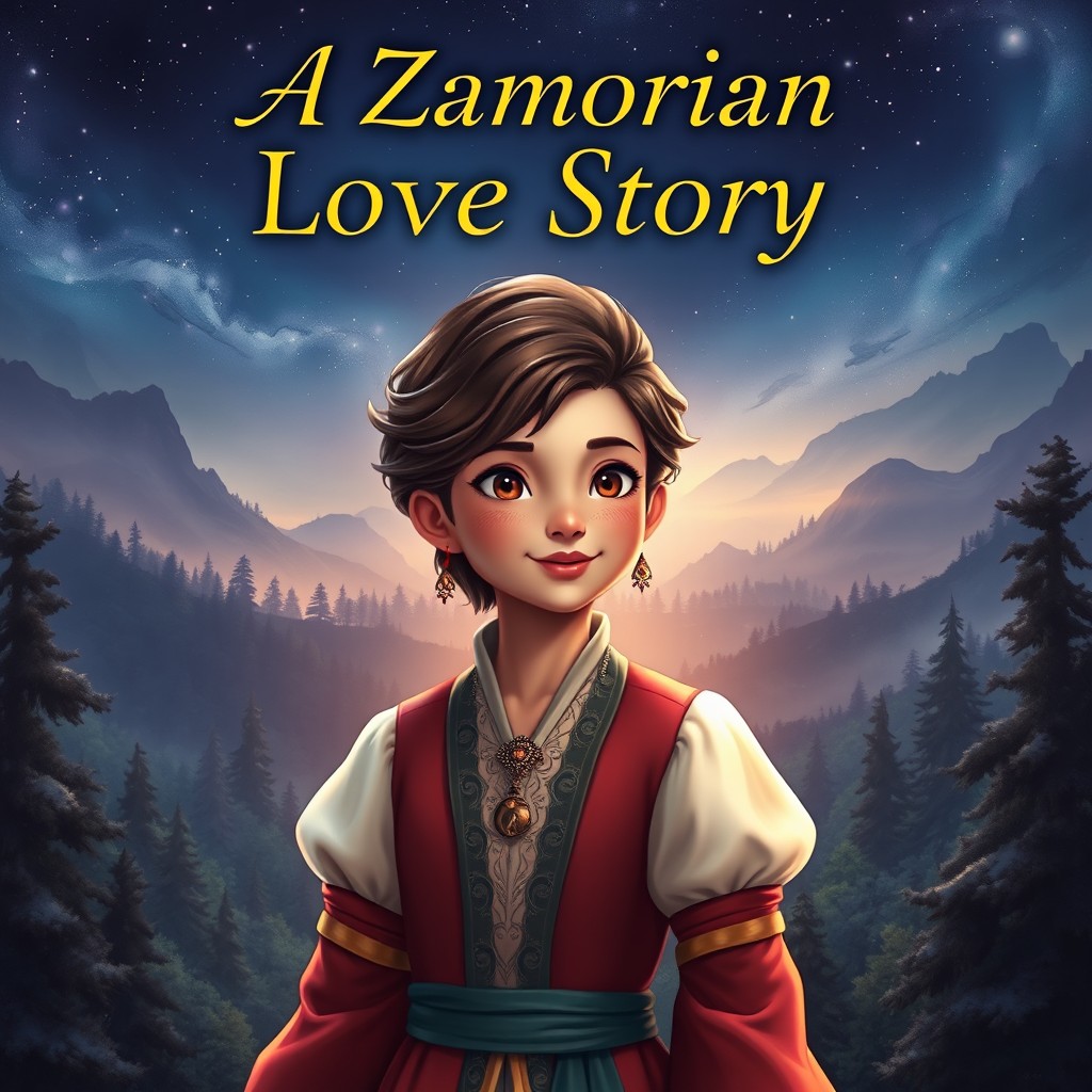 A visually striking book cover titled 'A Zamorian Love Story' featuring Radagon, a charming character with blushing cheeks, dressed in an elegant, historically inspired outfit reflective of Zamoran culture