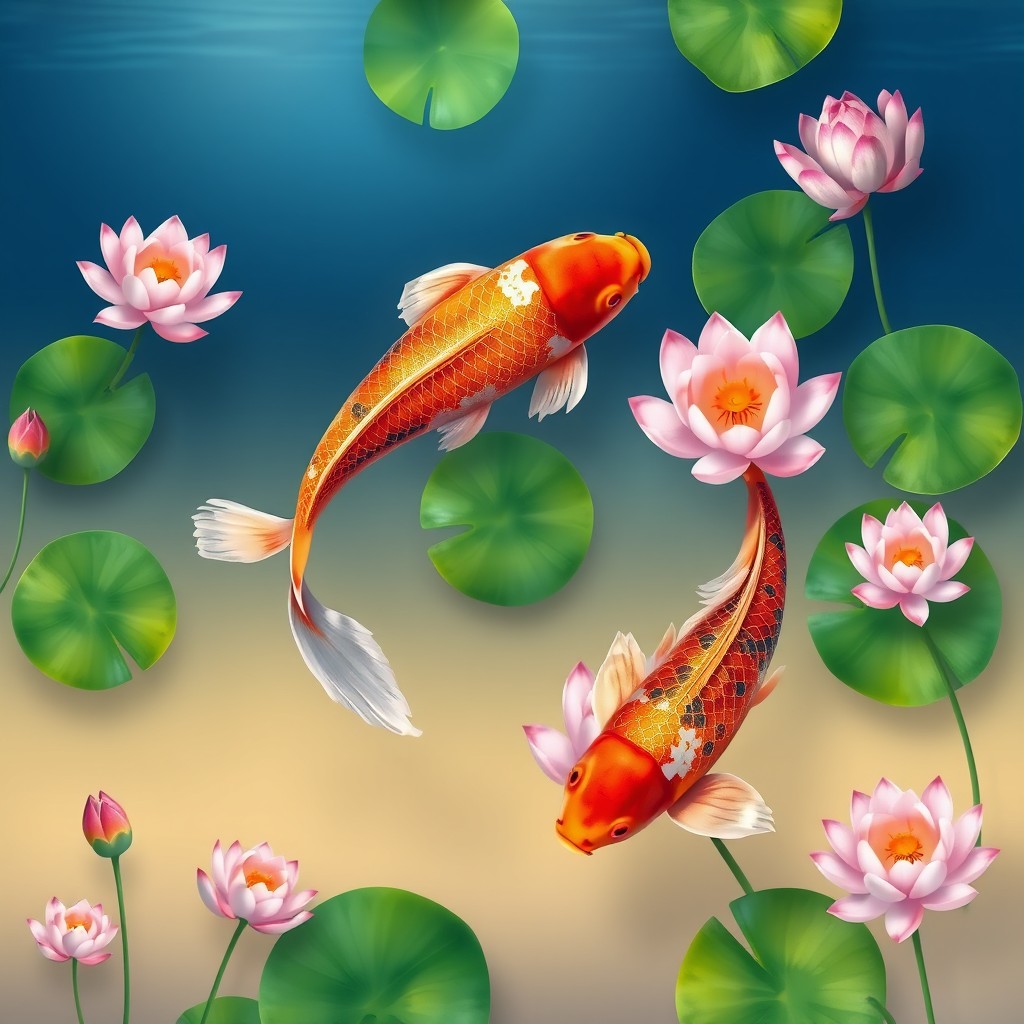 A serene wallpaper design featuring vibrant Koi fish swimming gracefully among lush green lily pads and blooming lotus flowers