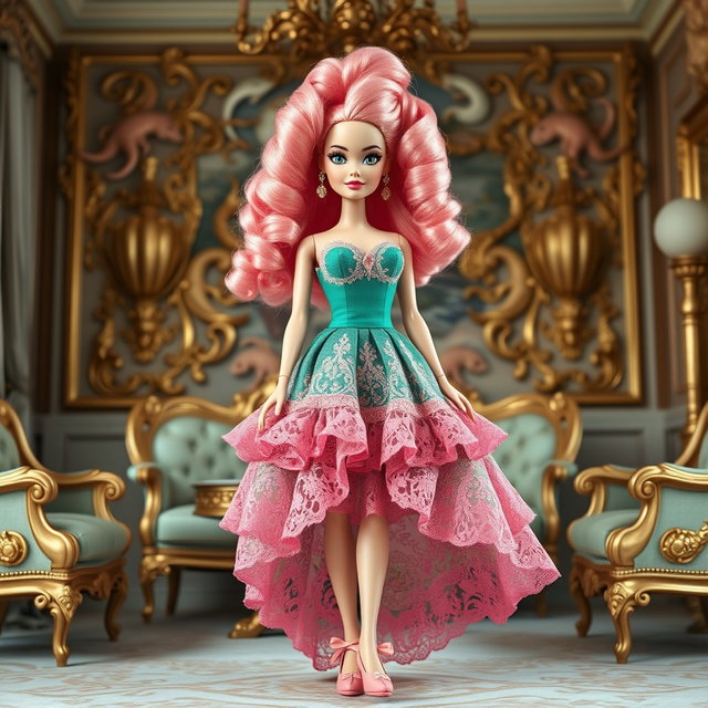 A Barbie doll styled as an adult, featuring curly pink hair arranged in a luxurious French Rococo hairstyle with marine-themed details