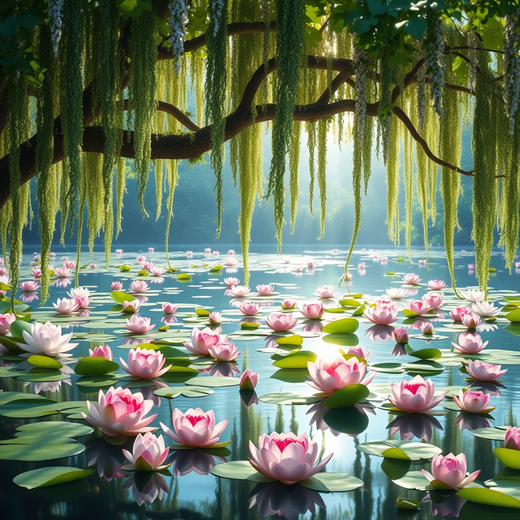 A stunning wallpaper design depicting a serene lotus lake under a sprawling tree with delicate vines hanging down