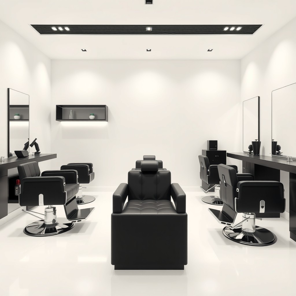 An elegant and minimalist barber station featuring a sleek design with a stark white background