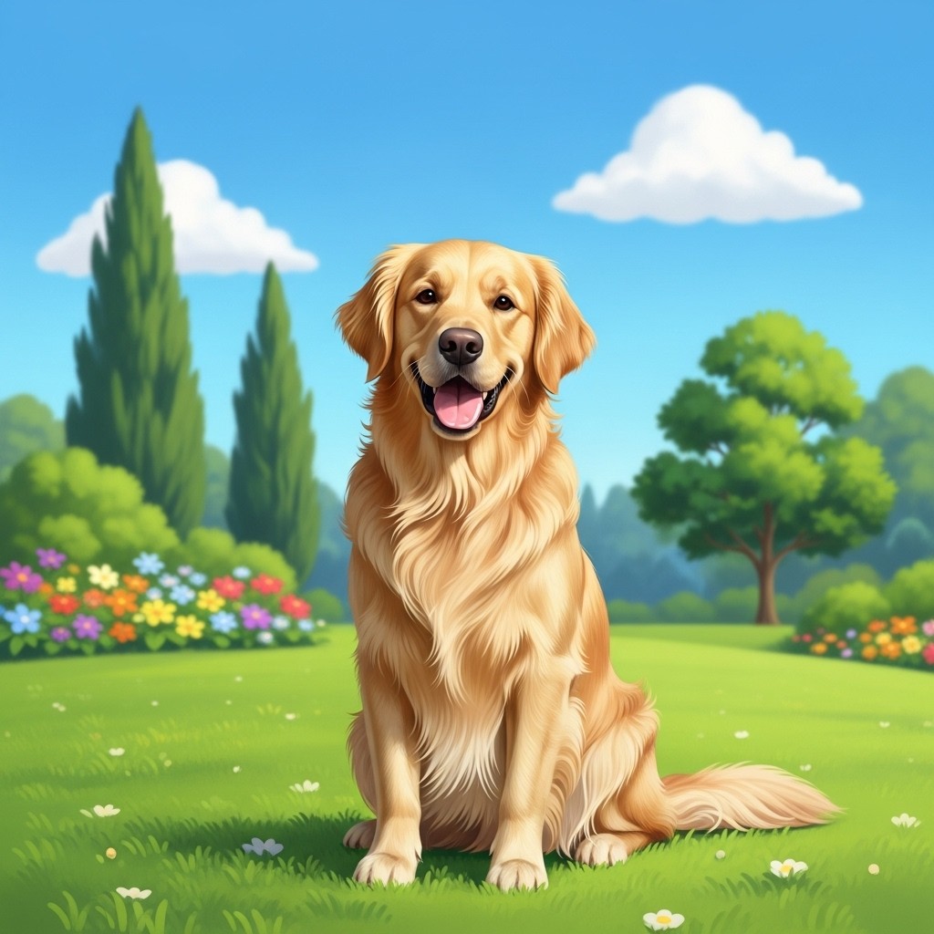 A lovable dog with a shiny coat, sitting in a lush green park under a bright blue sky