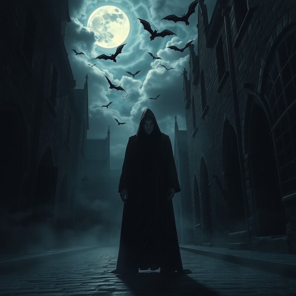 A dark and atmospheric scene capturing the essence of a vampiric medieval city, with gothic architecture and shadowy alleyways