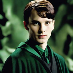 Tom Riddle, also known as the young Lord Voldemort from Harry Potter series, with piercing eyes and a sinister smirk, dressed in his Slytherin robes.